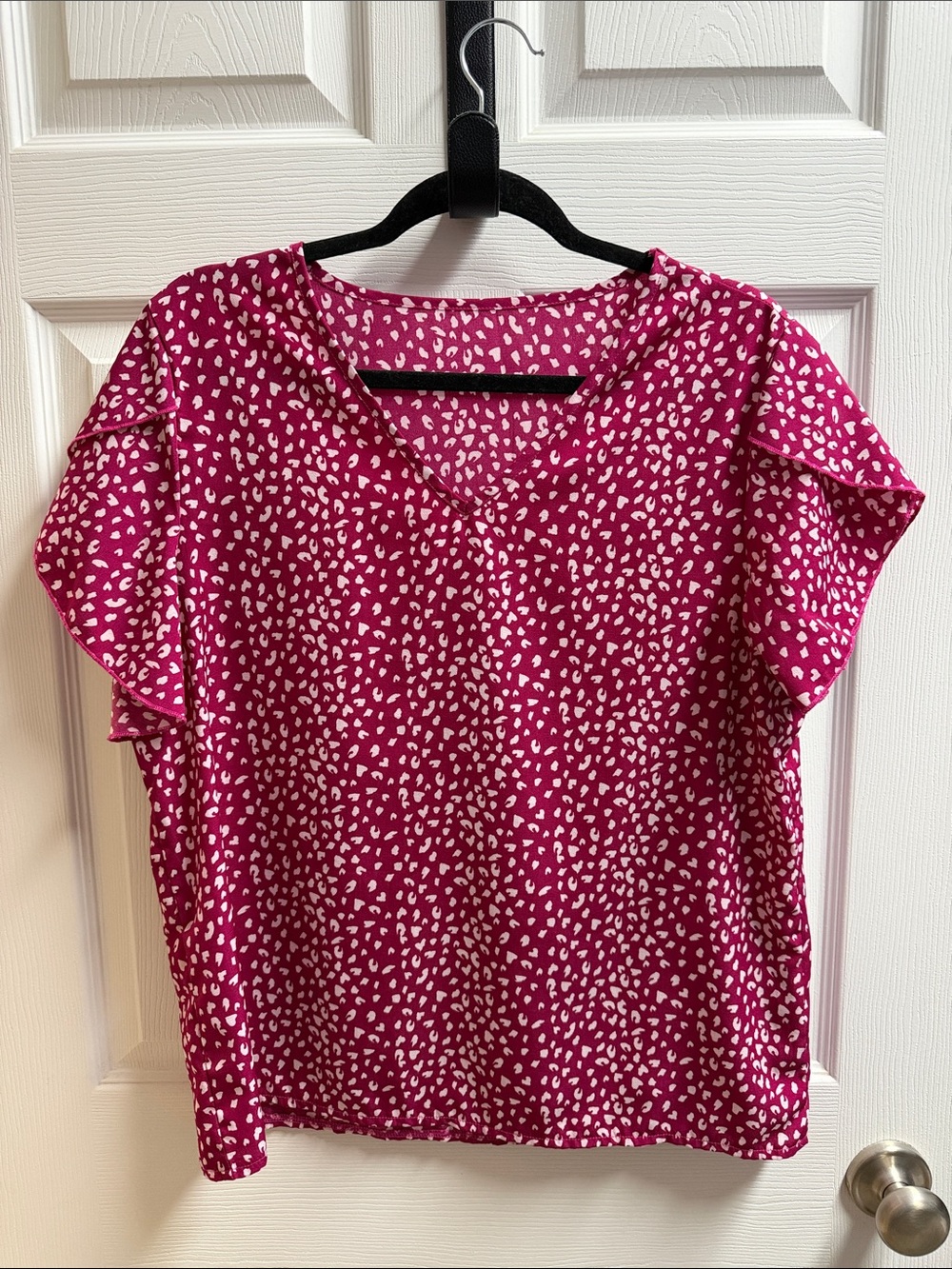 SHEIN Pink Dot Print V-Neck Flutter Sleeve Top